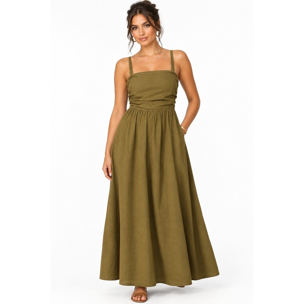 Next Khaki Green Ruched Bandeau Linen Blend Midi Dress Size 8 NWT